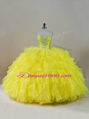 Sumptuous Yellow Organza Lace Up Sweetheart Sleeveless Floor Length Sweet 16 Dresses Beading and Ruffles