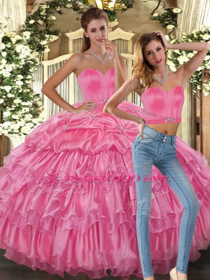 High Quality Pink Lace Up Sweetheart Beading and Ruffles and Pick Ups Quinceanera Dresses Organza Sleeveless