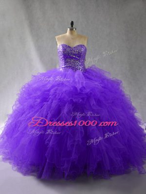 Lovely Sweetheart Sleeveless Tulle Quince Ball Gowns Beading and Ruffles Lace Up
