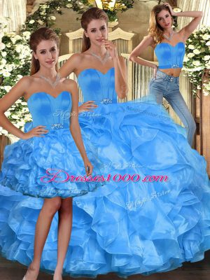 Sweetheart Sleeveless Quinceanera Dresses Floor Length Ruffles Baby Blue Organza