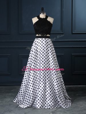 Pretty White And Black Sleeveless Lace Zipper Evening Dress