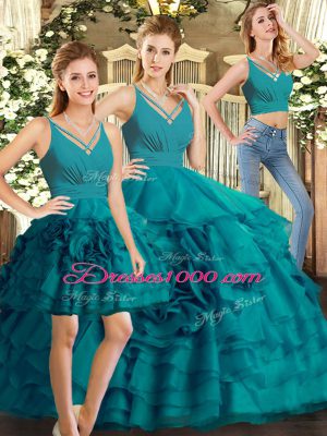 New Arrival Teal Ball Gowns Organza V-neck Sleeveless Ruffled Layers Floor Length Backless Quinceanera Dress