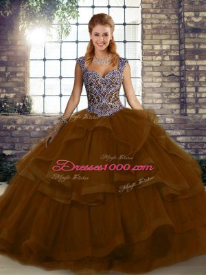 Beading and Ruffles Quinceanera Dresses Brown Lace Up Sleeveless Floor Length