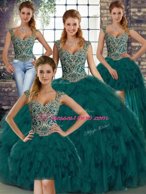 Sophisticated Floor Length Peacock Green 15th Birthday Dress Organza Sleeveless Beading and Ruffles