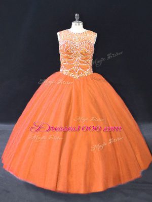 Orange Tulle Lace Up Quinceanera Gown Sleeveless Floor Length Beading