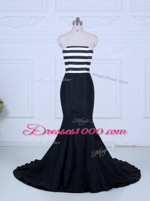 Clearance Brush Train Mermaid Juniors Evening Dress White And Black Strapless Satin Sleeveless Lace Up