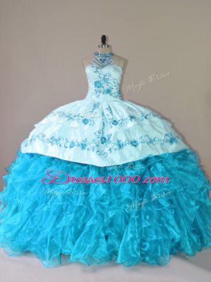 Aqua Blue Organza Lace Up Ball Gown Prom Dress Sleeveless Court Train Embroidery and Ruffles