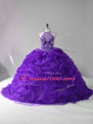 Suitable Sleeveless Beading and Pick Ups Lace Up 15 Quinceanera Dress with Purple Court Train