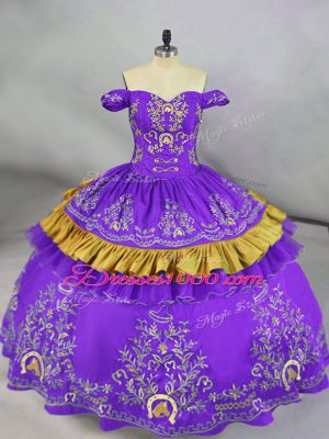 Off The Shoulder Sleeveless Lace Up 15th Birthday Dress Purple Satin