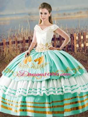 Deluxe Aqua Blue Lace Up Sweet 16 Quinceanera Dress Beading and Ruffled Layers Sleeveless Floor Length