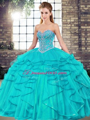 Luxury Tulle Sleeveless Floor Length Sweet 16 Quinceanera Dress and Beading and Ruffles