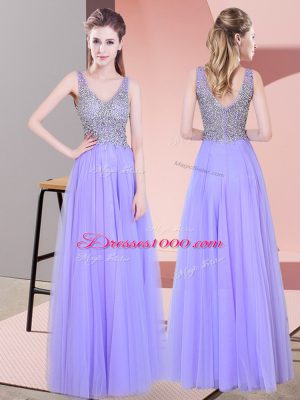 Tulle V-neck Sleeveless Zipper Beading Prom Gown in Lavender