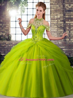 Olive Green Ball Gowns Beading and Pick Ups Sweet 16 Dresses Lace Up Tulle Sleeveless