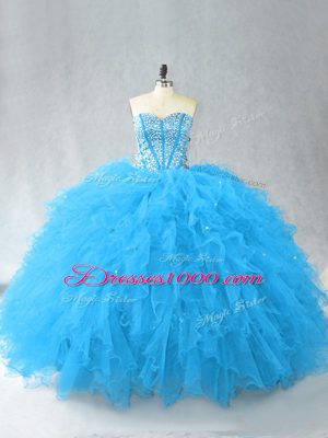 Baby Blue Lace Up Sweetheart Beading and Ruffles Quinceanera Gown Tulle Sleeveless