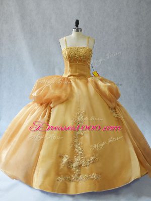 Appliques Ball Gown Prom Dress Gold Lace Up Sleeveless Floor Length
