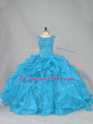 Inexpensive Aqua Blue Lace Up Quince Ball Gowns Beading and Ruffles Sleeveless Brush Train