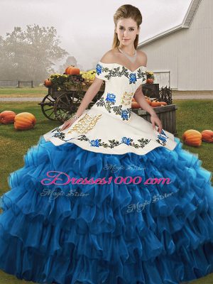 Blue And White Lace Up Sweet 16 Dress Embroidery and Ruffled Layers Sleeveless Floor Length