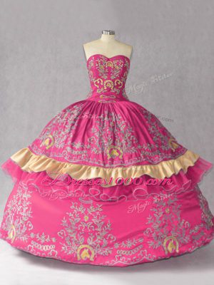 Sweetheart Sleeveless 15 Quinceanera Dress Embroidery Hot Pink Satin and Organza