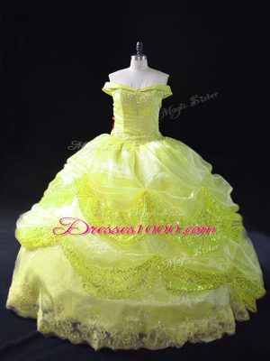 Yellow Green Organza Lace Up Sweet 16 Dresses Sleeveless Floor Length Lace and Sequins