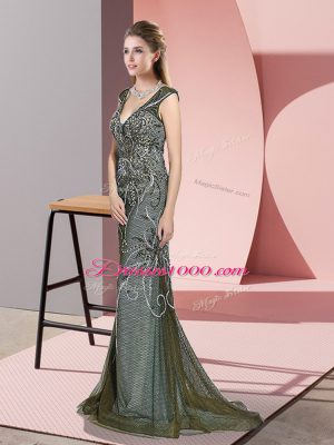 Glamorous Olive Green V-neck Zipper Beading Evening Dress Sweep Train Sleeveless