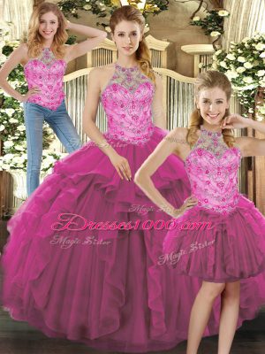 Floor Length Fuchsia Quinceanera Dress Tulle Sleeveless Beading and Ruffles