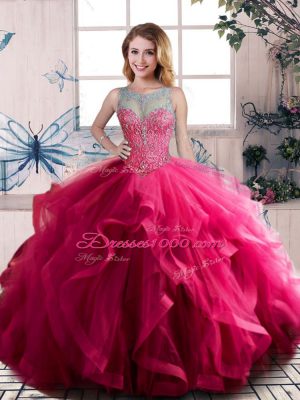 Suitable Fuchsia Sleeveless Beading and Ruffles Floor Length Sweet 16 Dresses