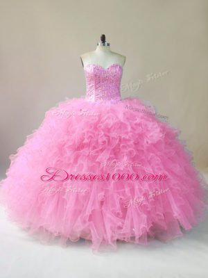 Gorgeous Baby Pink Sleeveless Floor Length Beading and Ruffles Lace Up Quince Ball Gowns