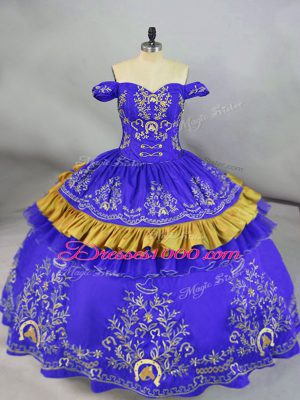 Adorable Blue Sleeveless Floor Length Embroidery Lace Up Quinceanera Dresses
