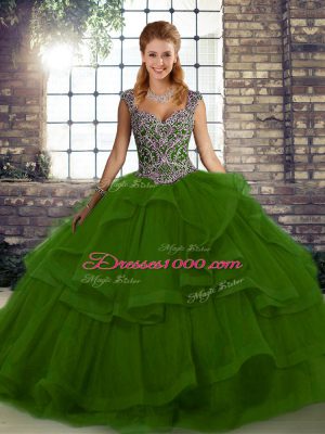 Gorgeous Green Ball Gowns Tulle Straps Sleeveless Beading and Ruffles Floor Length Lace Up Sweet 16 Dresses