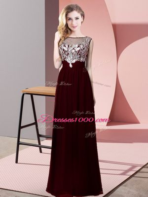 Exquisite Burgundy Empire Beading Evening Dress Backless Chiffon Sleeveless Floor Length