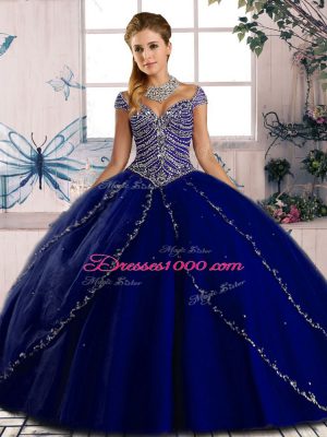 Spectacular Royal Blue Cap Sleeves Beading Lace Up Sweet 16 Dress