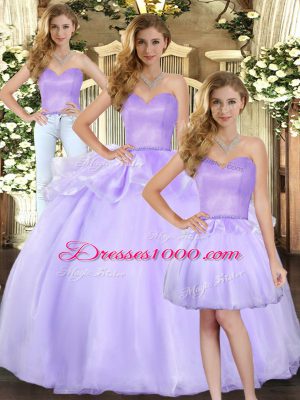 Lavender Three Pieces Organza Sweetheart Sleeveless Beading Floor Length Lace Up 15th Birthday Dress