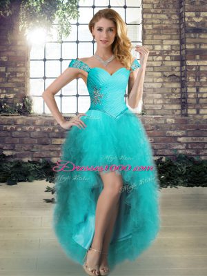 A-line Prom Dress Aqua Blue Off The Shoulder Tulle Sleeveless High Low Lace Up