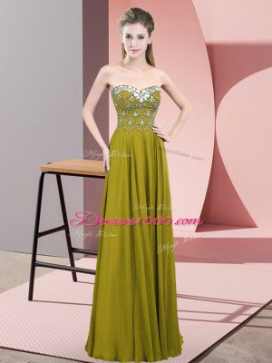 Olive Green Empire Beading Teens Party Dress Zipper Chiffon Sleeveless Floor Length