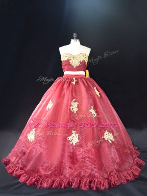 Sweetheart Sleeveless Sweet 16 Dress Appliques Red and Burgundy Organza