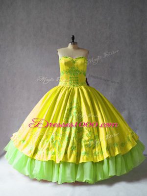 Low Price Yellow Satin and Organza Lace Up Sweetheart Sleeveless Floor Length Quince Ball Gowns Embroidery