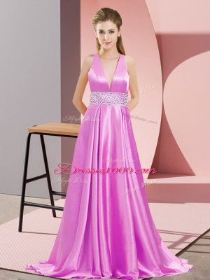 Lilac Evening Wear Elastic Woven Satin Brush Train Sleeveless Beading