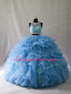 Blue Organza Zipper Scoop Sleeveless Ball Gown Prom Dress Brush Train Beading and Ruffles