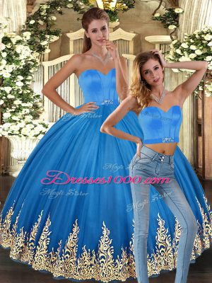 Sophisticated Sweetheart Sleeveless 15 Quinceanera Dress Floor Length Embroidery Baby Blue Tulle