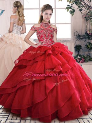 Elegant High-neck Sleeveless Lace Up Vestidos de Quinceanera Red Organza