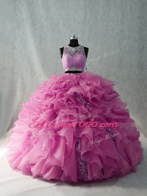 Organza Brush Train Sweet 16 Dresses in Pink with Beading and Ruffles