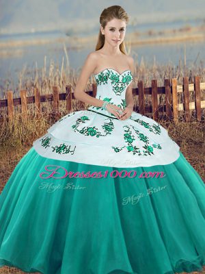 Cute Turquoise Sleeveless Floor Length Embroidery and Bowknot Lace Up Quinceanera Gowns