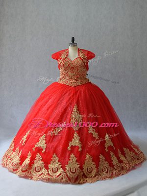 Captivating Ball Gowns Sleeveless Red Quinceanera Gowns Court Train Lace Up