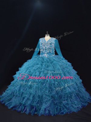 Organza V-neck Long Sleeves Lace Up Beading and Ruffled Layers Quince Ball Gowns in Teal