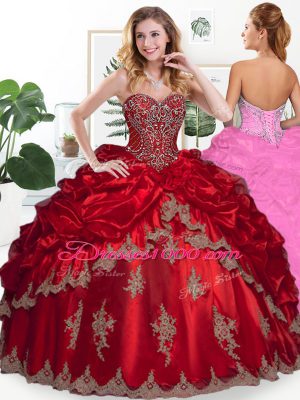 Custom Designed Wine Red Organza Lace Up 15th Birthday Dress Sleeveless Floor Length Beading and Appliques and Pick Ups