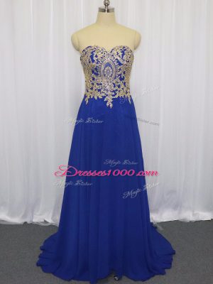 Royal Blue Empire Sweetheart Sleeveless Chiffon Brush Train Zipper Lace and Appliques Formal Evening Gowns