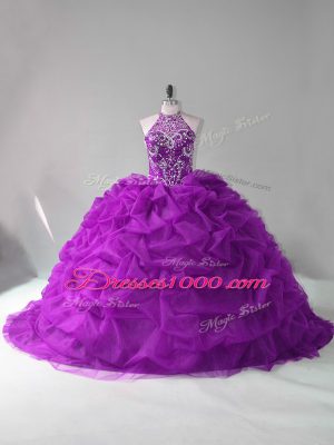 Vintage Purple Organza Lace Up Halter Top Sleeveless Quinceanera Dresses Court Train Beading and Pick Ups