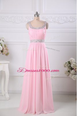 Scoop Sleeveless Evening Wear Floor Length Beading and Ruching Baby Pink Chiffon