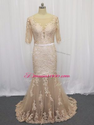 Mermaid Half Sleeves Champagne Brush Train Backless