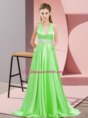 Perfect V-neck Sleeveless Brush Train Backless Prom Dresses Elastic Woven Satin
